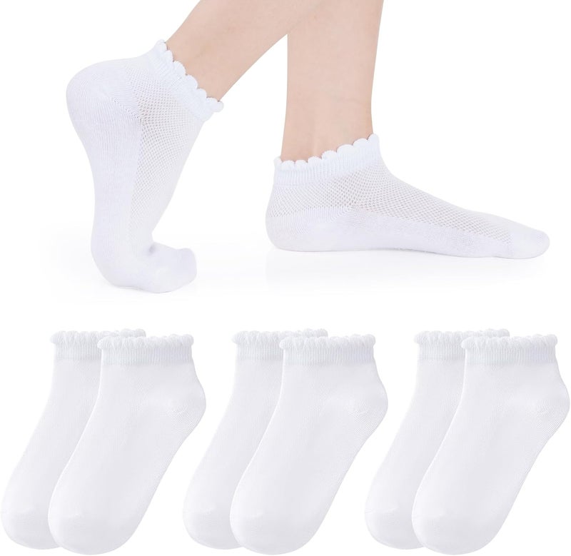 phnydreg 3 Pairs Girls Ruffle Socks Mesh Thin White Socks School Uniform Kids Cotton Crew Ankle Sock for Girls Frilly Dress Sock - Image 1